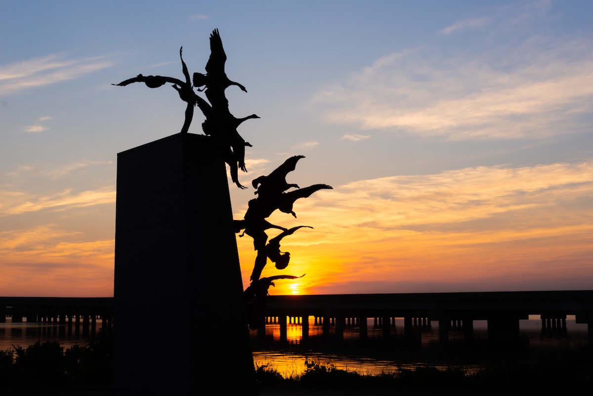 Goose sculpture silhouette at sunset on Cambridge waterfront